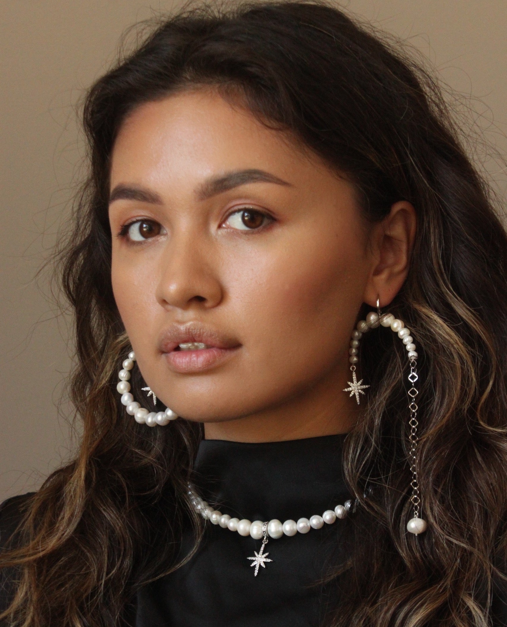 ASYMMETRICAL PEARLS EARRINGS WITH “MORNING STAR”