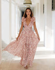 Sexy Pink Printed Deep V Neck Hollow Out Dress Women Sleeveless Ruffle Floral Split Long Dress Vacation Party Beach Vestido