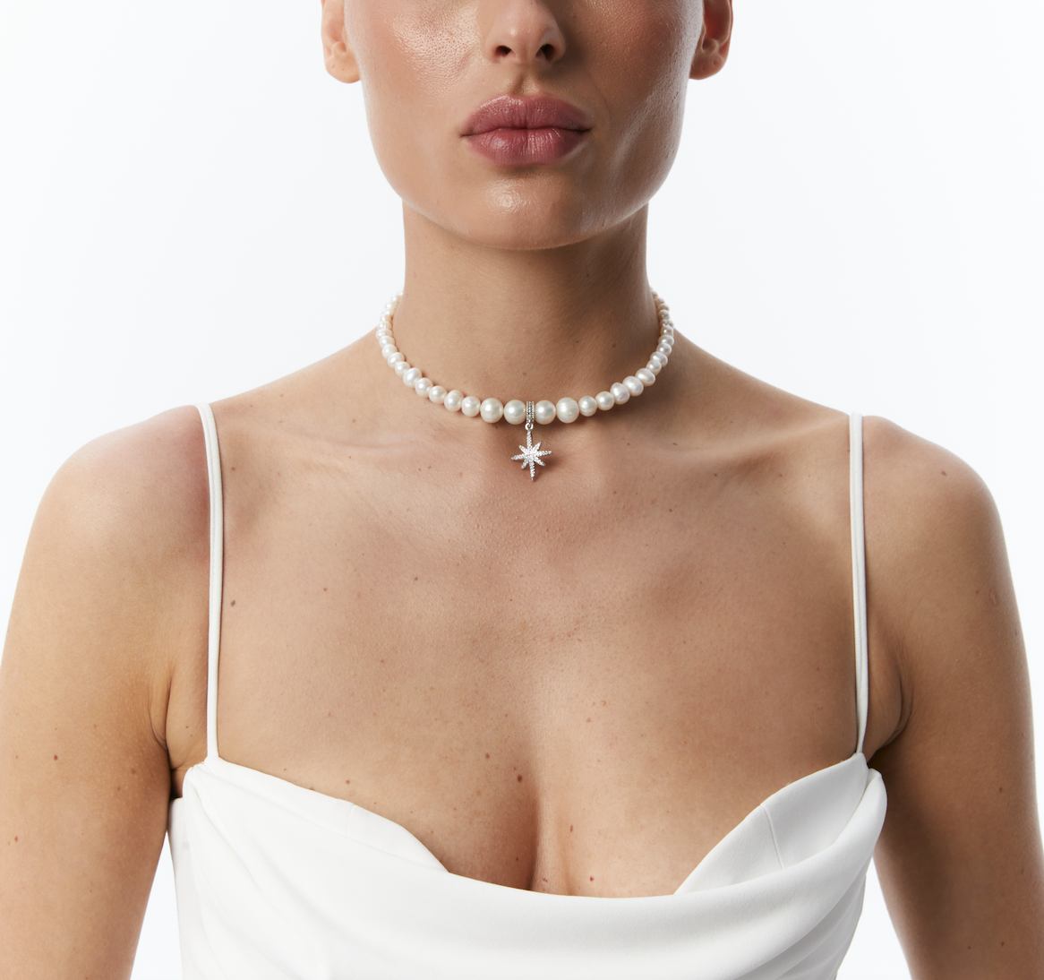 Pearls Choker With "Morning Star" Silver