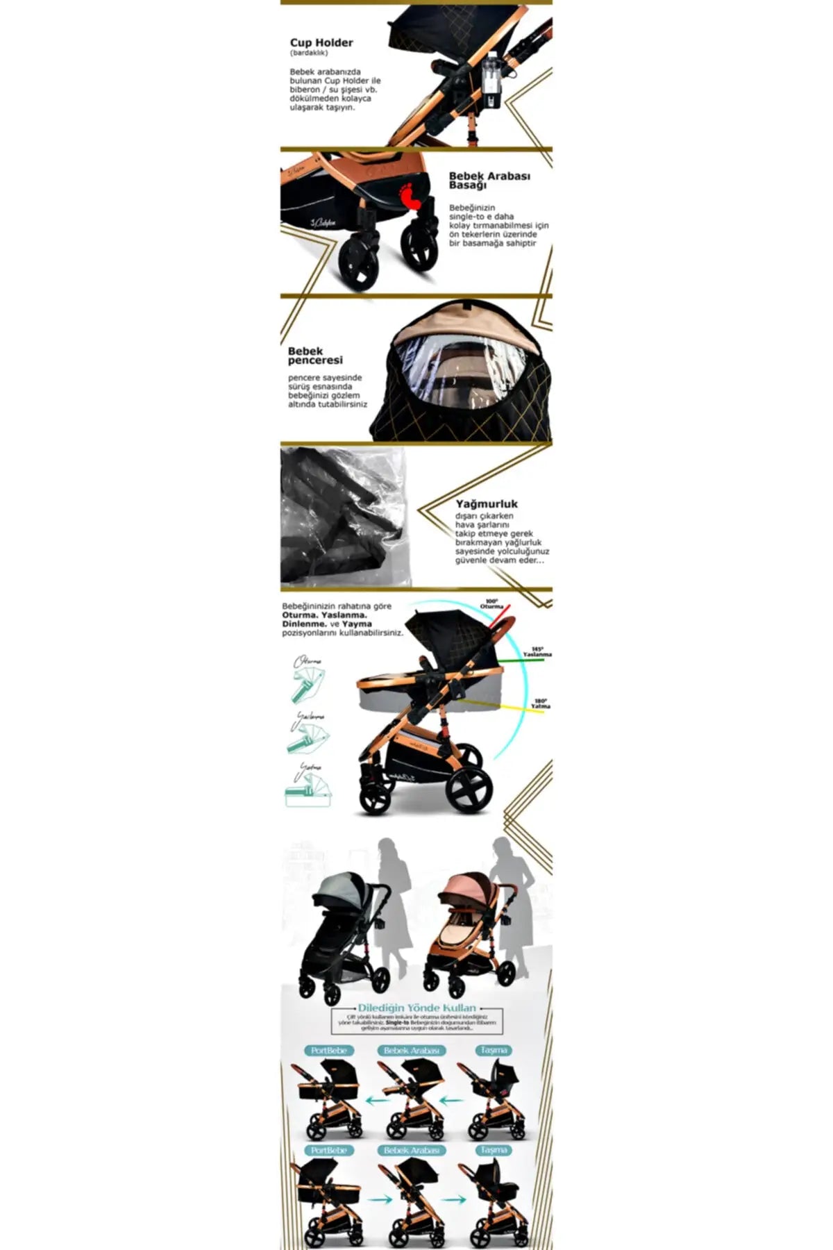 Baby Home 946 Single-To Lift Travel System Baby Stroller Pram Carrycot Raincoat Cup Holder Foot Cover Anakucağı