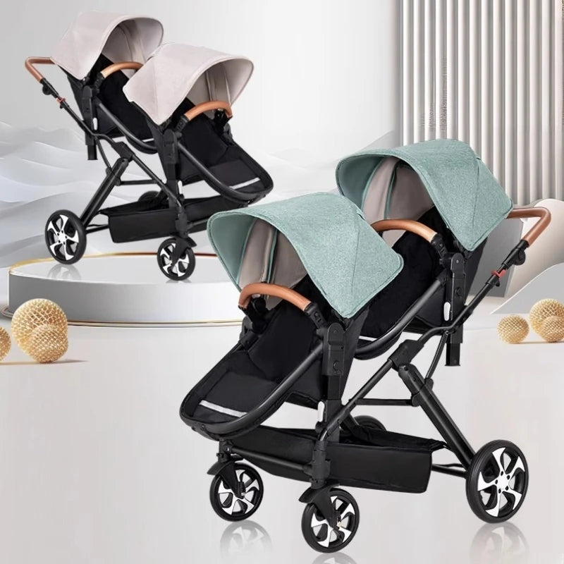 Portable Twin Baby Stroller Collapsible Double Stroller Traveling Twin Stroller Two-way High View Double Baby Carriage