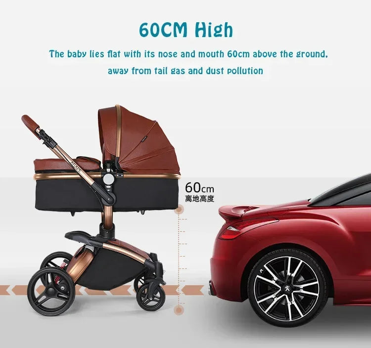 Landscape baby carriage PU leathe Baby stroller 3in1 Two-way High r Foldable shock-absorbing eggshell stroller 2in1