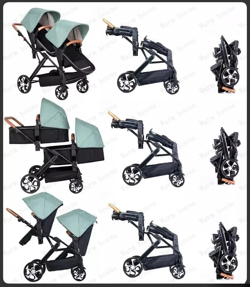 Portable Twin Baby Stroller Collapsible Double Stroller Traveling Twin Stroller Two-way High View Double Baby Carriage