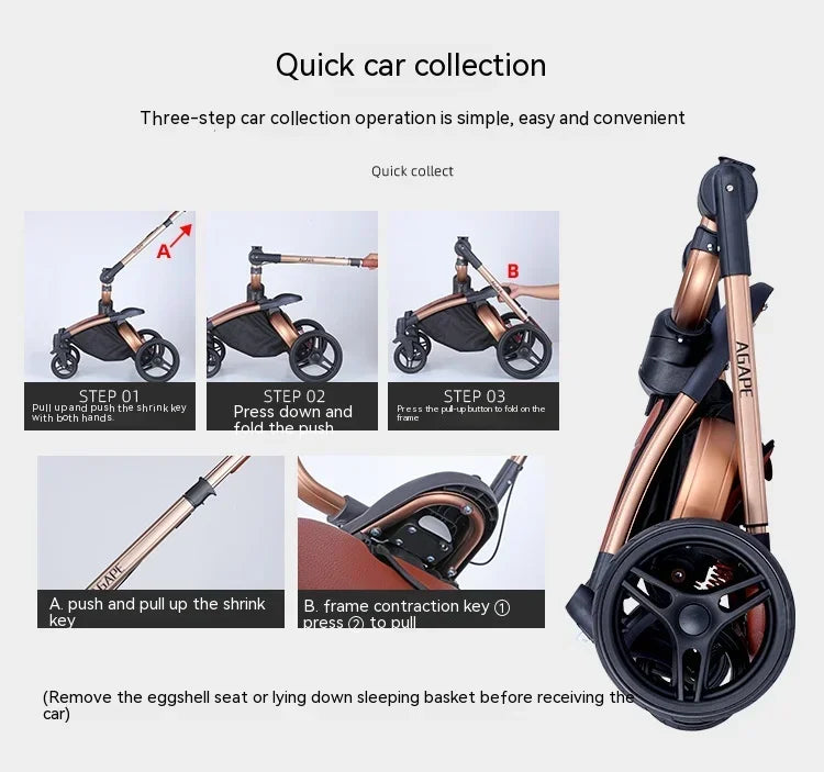 Landscape baby carriage PU leathe Baby stroller 3in1 Two-way High r Foldable shock-absorbing eggshell stroller 2in1