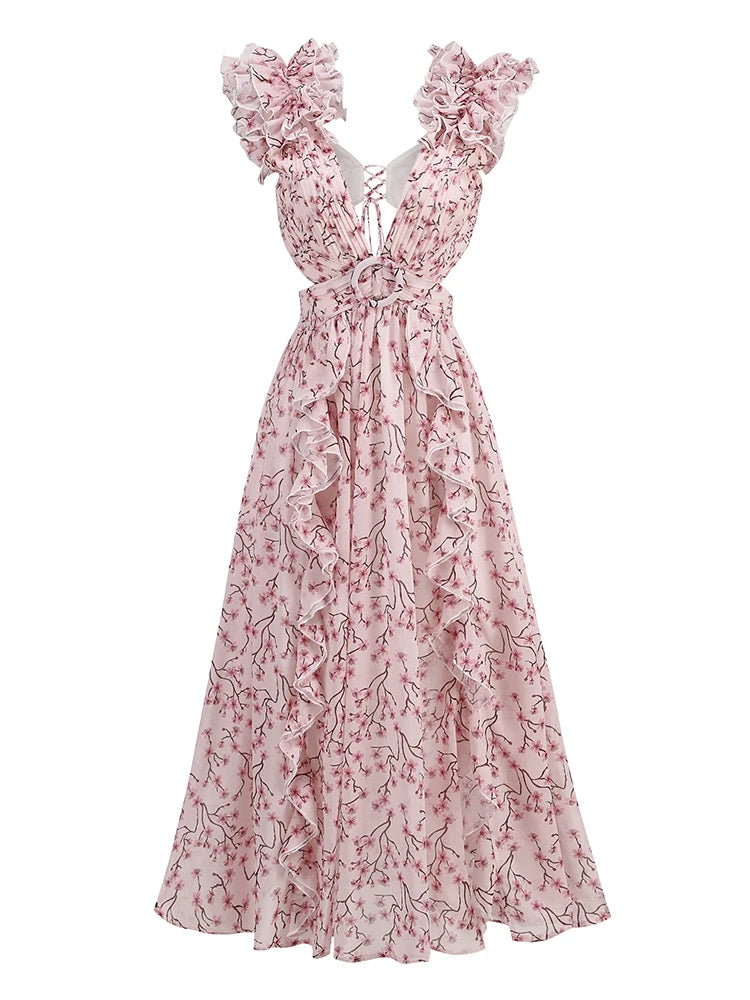 Sexy Pink Printed Deep V Neck Hollow Out Dress Women Sleeveless Ruffle Floral Split Long Dress Vacation Party Beach Vestido