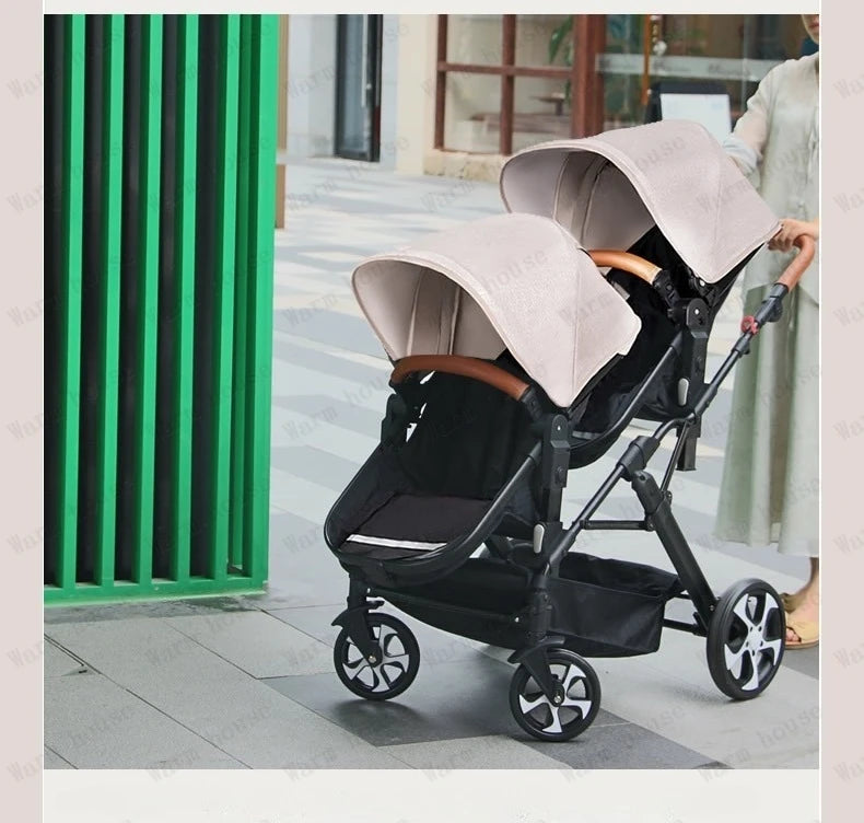 Portable Twin Baby Stroller Collapsible Double Stroller Traveling Twin Stroller Two-way High View Double Baby Carriage