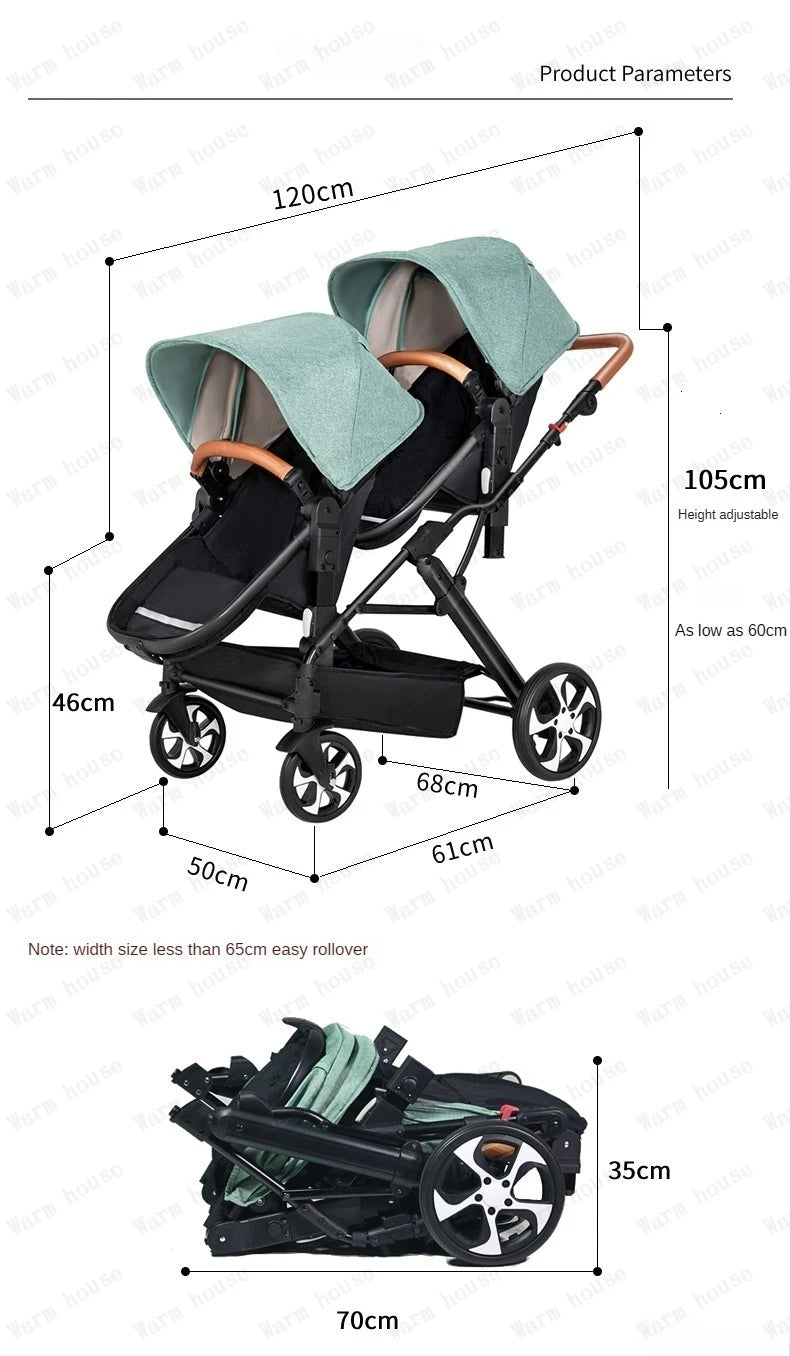 Portable Twin Baby Stroller Collapsible Double Stroller Traveling Twin Stroller Two-way High View Double Baby Carriage