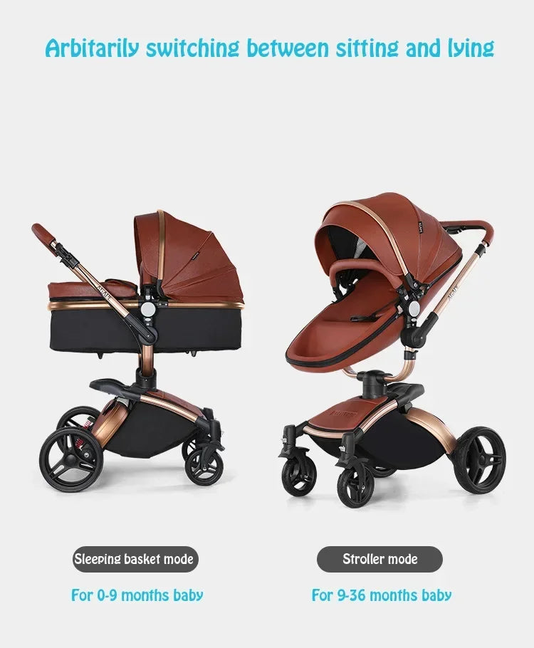 Landscape baby carriage PU leathe Baby stroller 3in1 Two-way High r Foldable shock-absorbing eggshell stroller 2in1