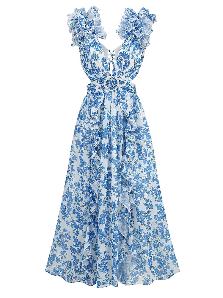 Sexy Pink Printed Deep V Neck Hollow Out Dress Women Sleeveless Ruffle Floral Split Long Dress Vacation Party Beach Vestido