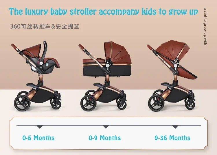 Landscape baby carriage PU leathe Baby stroller 3in1 Two-way High r Foldable shock-absorbing eggshell stroller 2in1