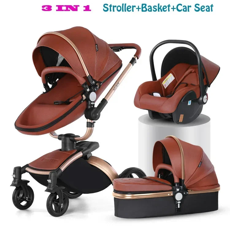 Landscape baby carriage PU leathe Baby stroller 3in1 Two-way High r Foldable shock-absorbing eggshell stroller 2in1