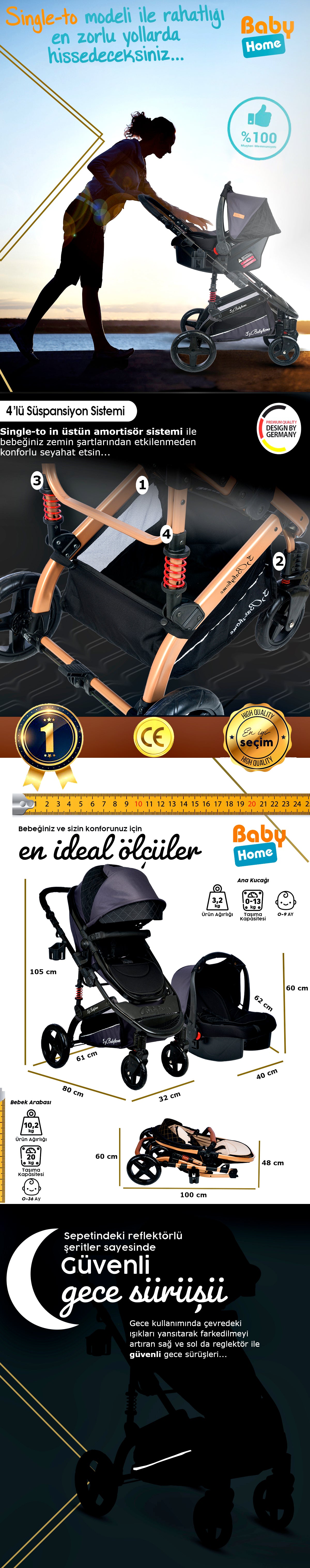 Baby Home 946 Single-To Lift Travel System Baby Stroller Pram Carrycot Raincoat Cup Holder Foot Cover Anakucağı