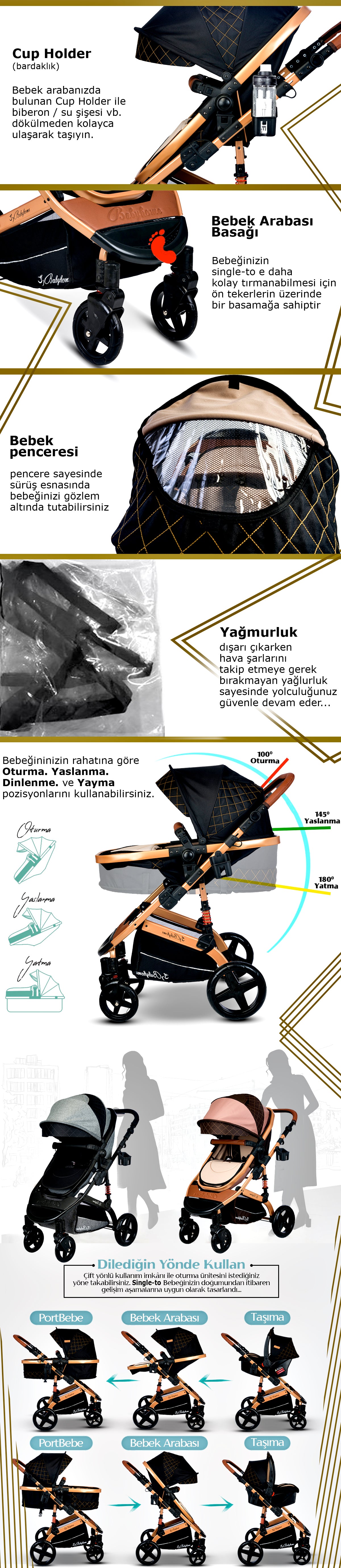 Baby Home 946 Single-To Lift Travel System Baby Stroller Pram Carrycot Raincoat Cup Holder Foot Cover Anakucağı