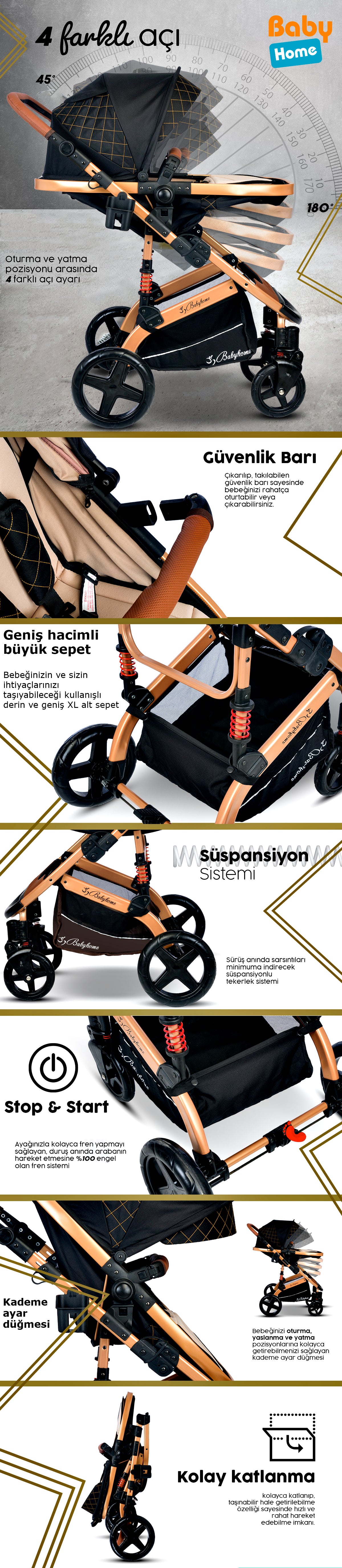 Baby Home 946 Single-To Lift Travel System Baby Stroller Pram Carrycot Raincoat Cup Holder Foot Cover Anakucağı