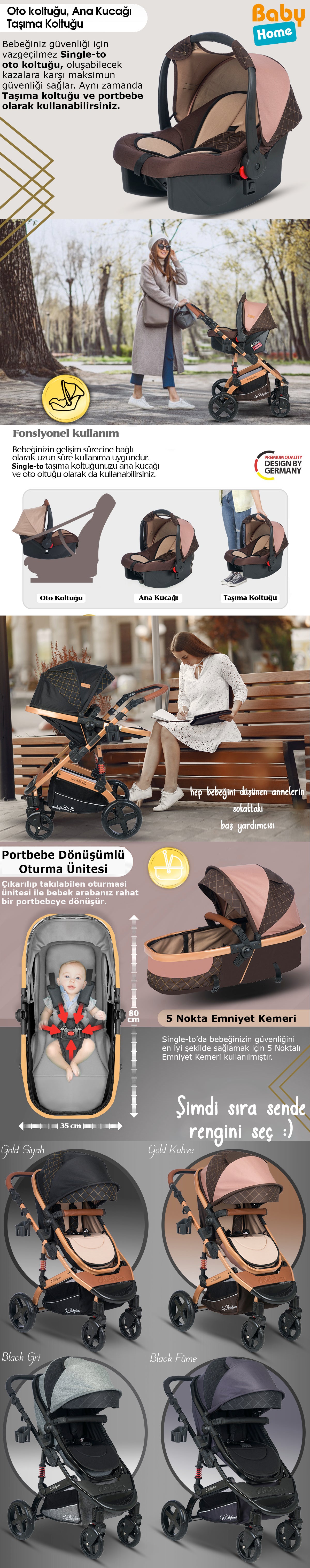 Baby Home 946 Single-To Lift Travel System Baby Stroller Pram Carrycot Raincoat Cup Holder Foot Cover Anakucağı