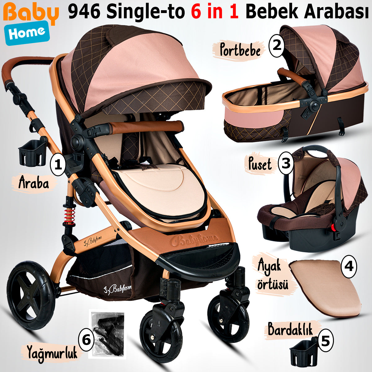 Baby Home 946 Single-To Lift Travel System Baby Stroller Pram Carrycot Raincoat Cup Holder Foot Cover Anakucağı